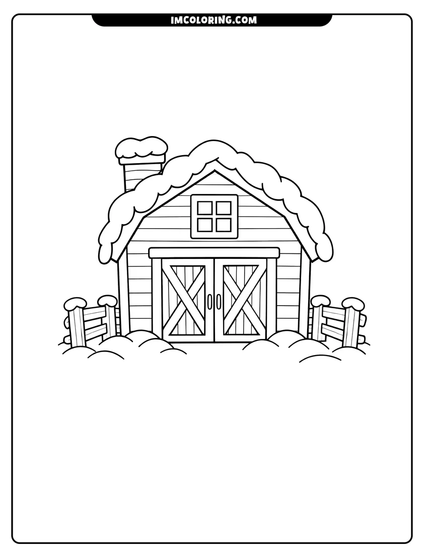 Outline of Cartoon barn with snow on the roof and chimney on a white background