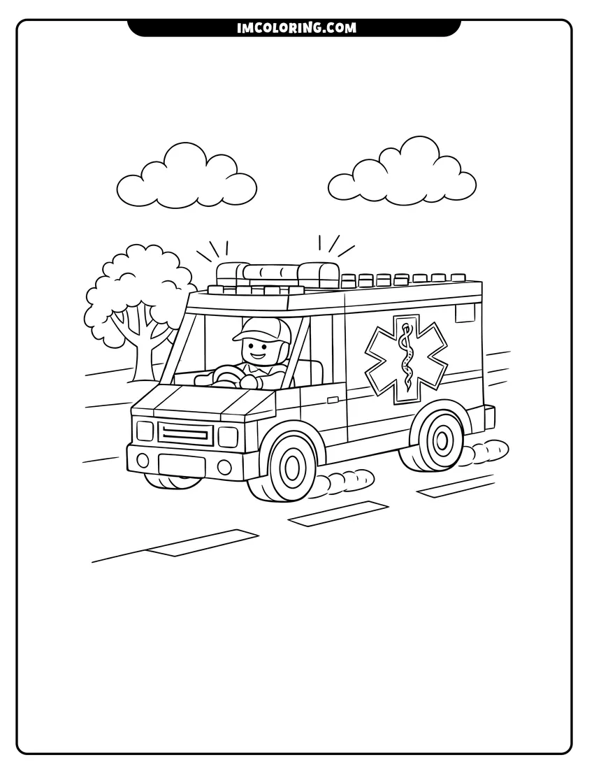 Coloring sheet of Lego ambulance with Star of Life speeding on road for kids