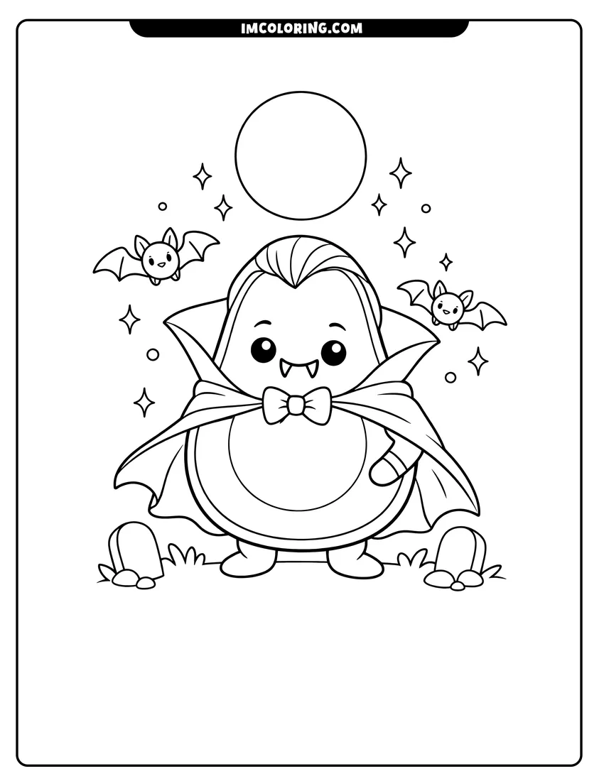 Avocado character dressed as Dracula with a vampire cape drawing meant for coloring