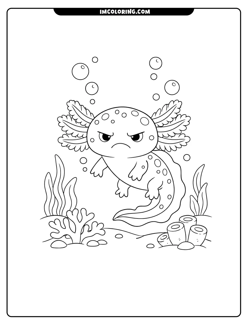 Illustration of Spotted axolotl swimming through coral and seaweed ready for painting