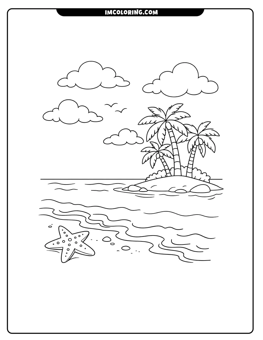 Simple line drawing of Starfish on a sandy shore with island palm trees