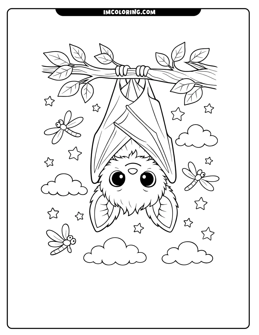Kids activity sheet showing Fluffy bat hanging from a branch under a starry sky