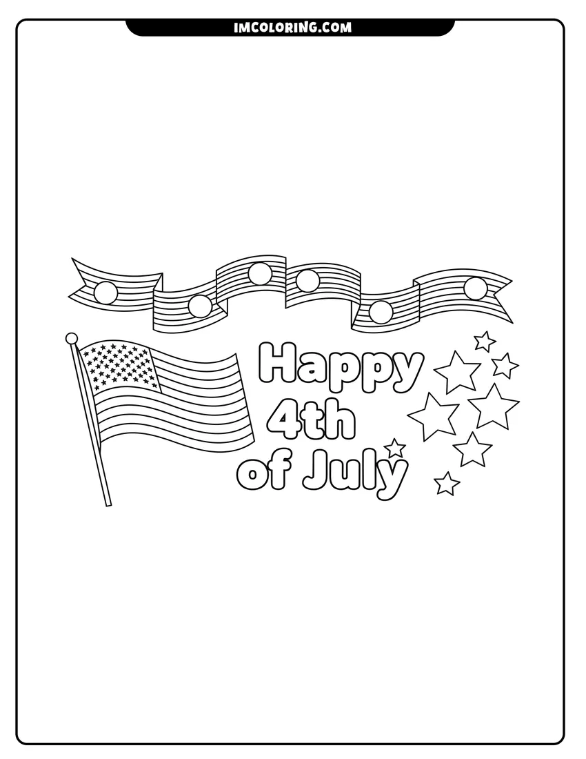 High quality printable Happy 4th of July bubbly script with flags and stars for coloring