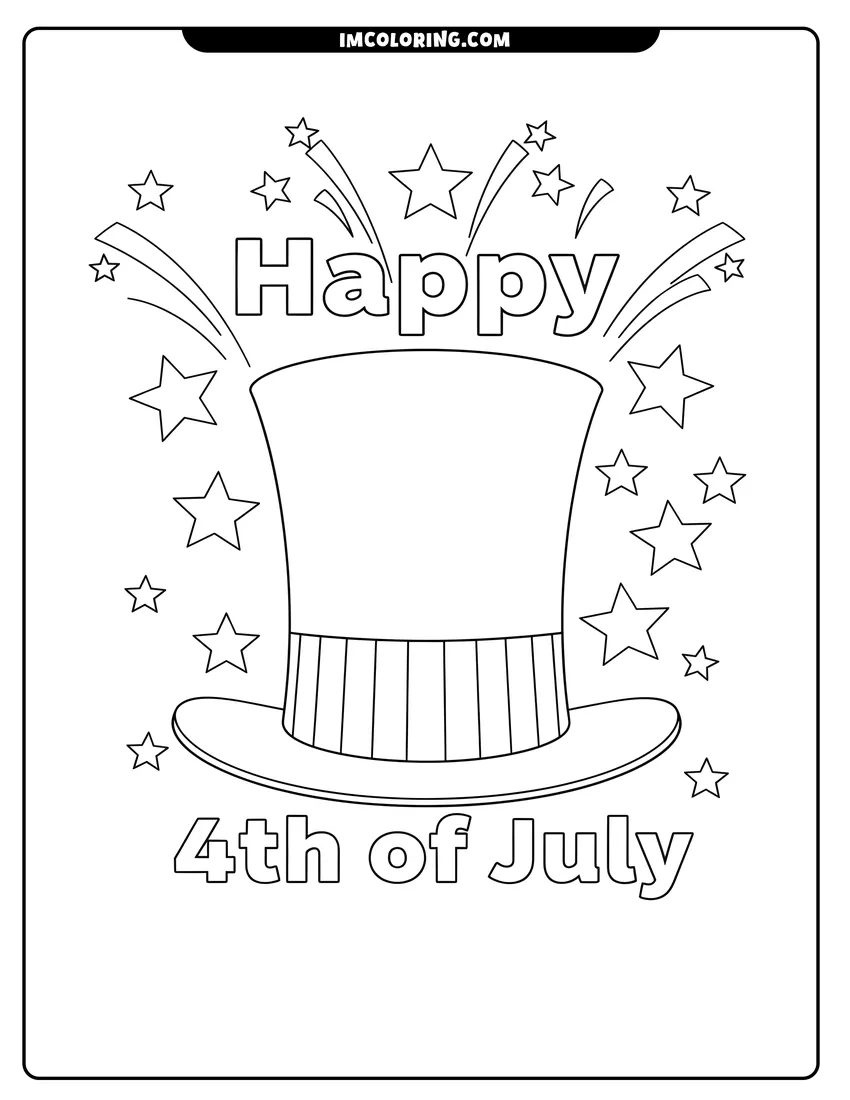 Outline drawing of Patriotic top hat with bursting stars and holiday text
