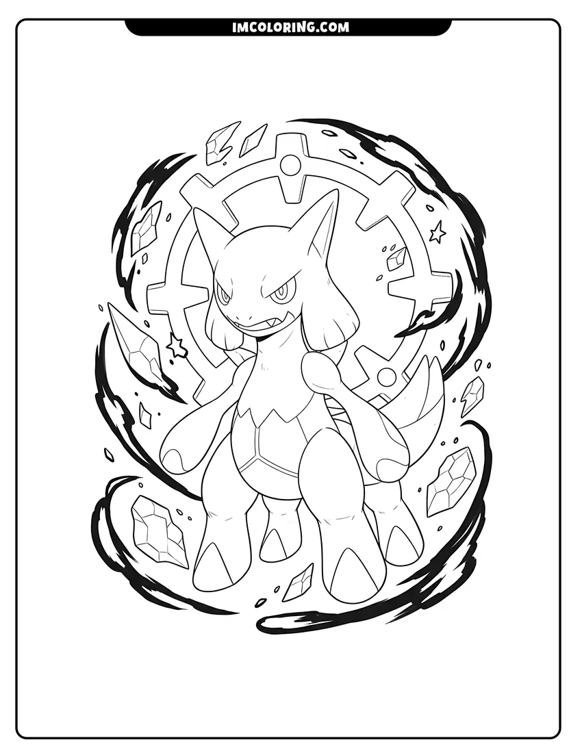 Outline of Arceus with a stern expression and shattered celestial fragments on a white background