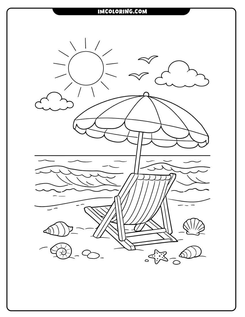 Cute Striped beach chair under an umbrella by the sea outline for coloring