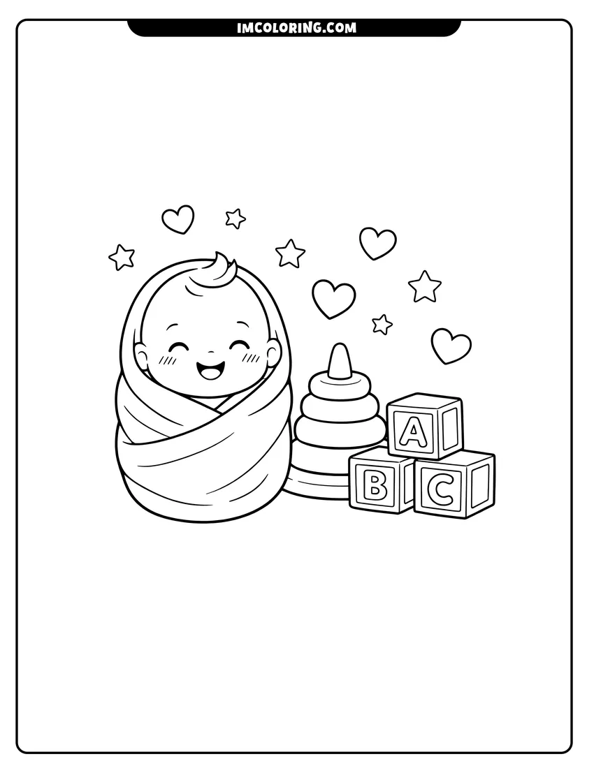 Printable coloring page featuring Swaddled baby with ring stacker and ABC blocks