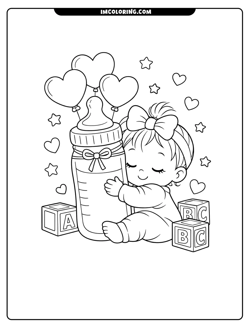 Baby girl with bow hugging a large milk bottle coloring page for preschoolers