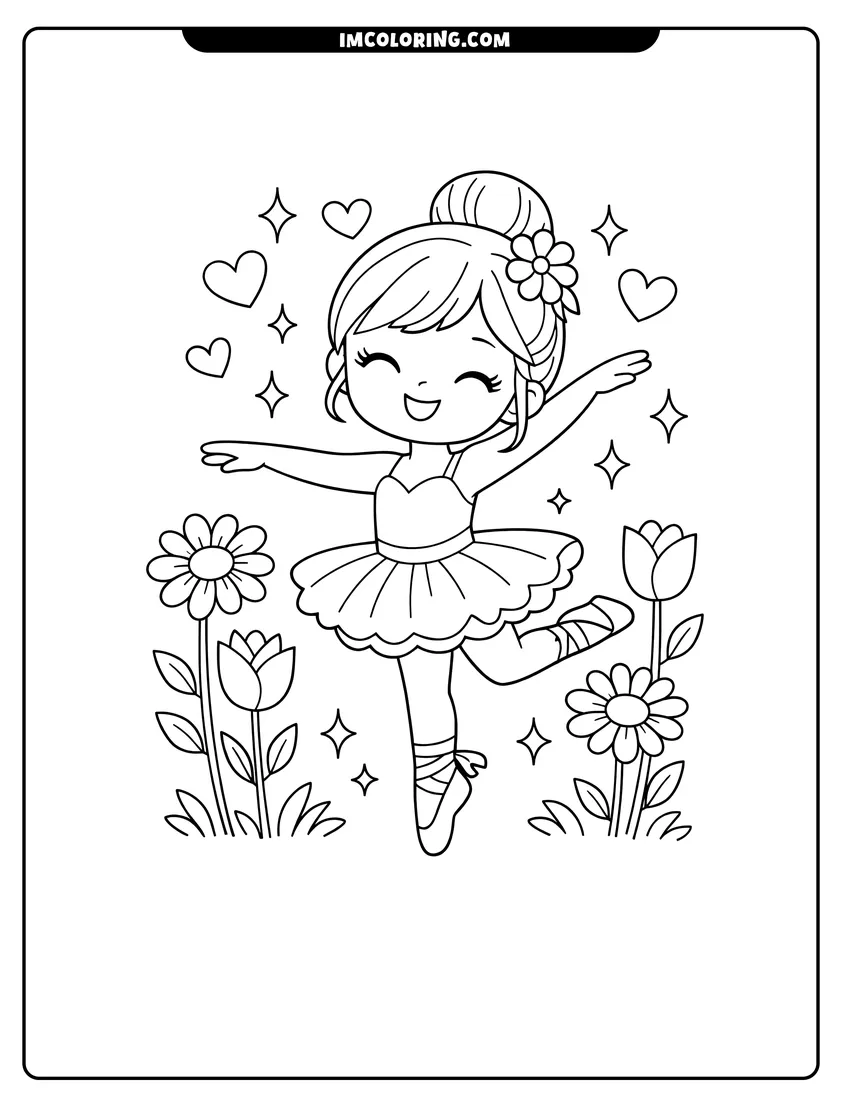 Printable Sweet ballerina dancing with hearts and flowers coloring activity