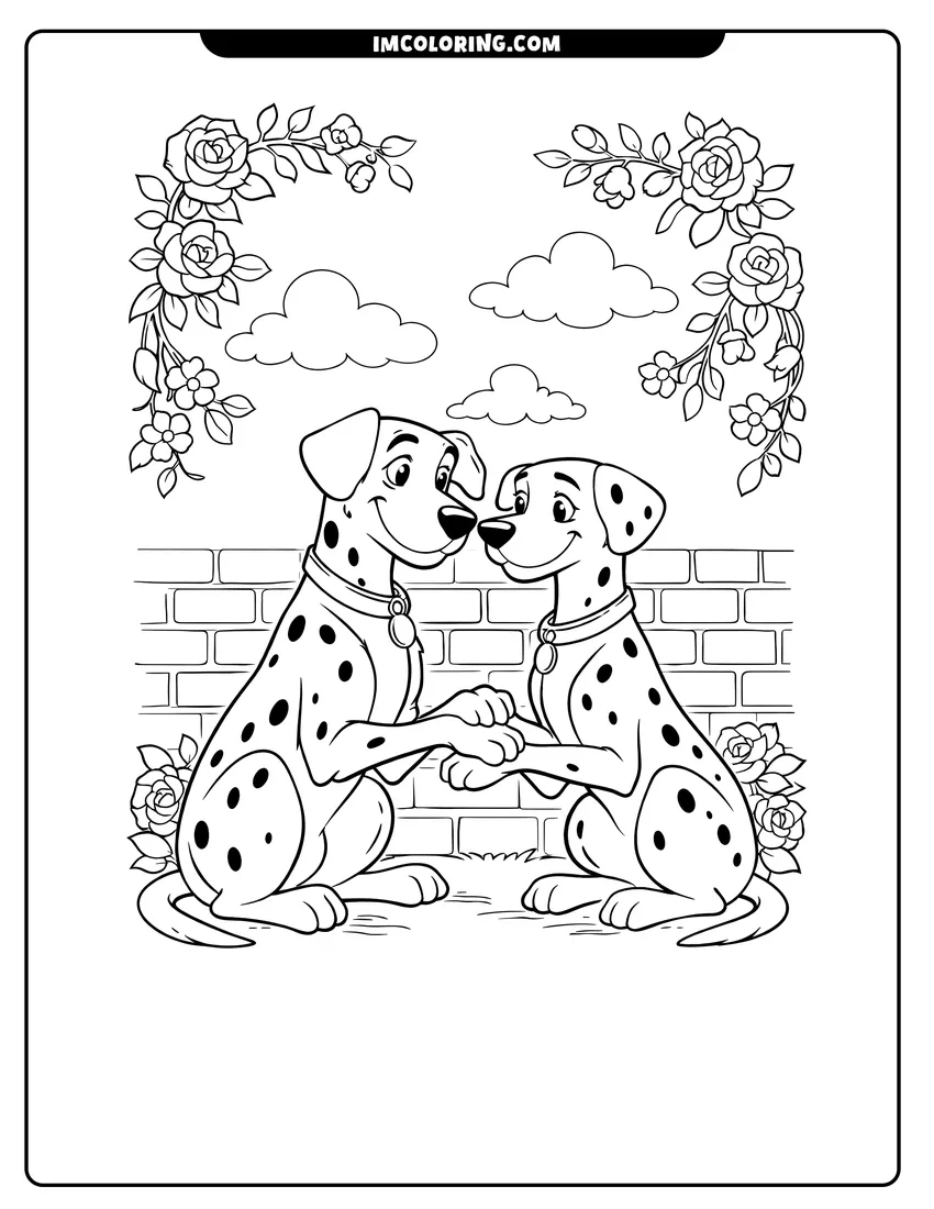 Kids activity sheet showing Pongo and Perdita holding paws near roses