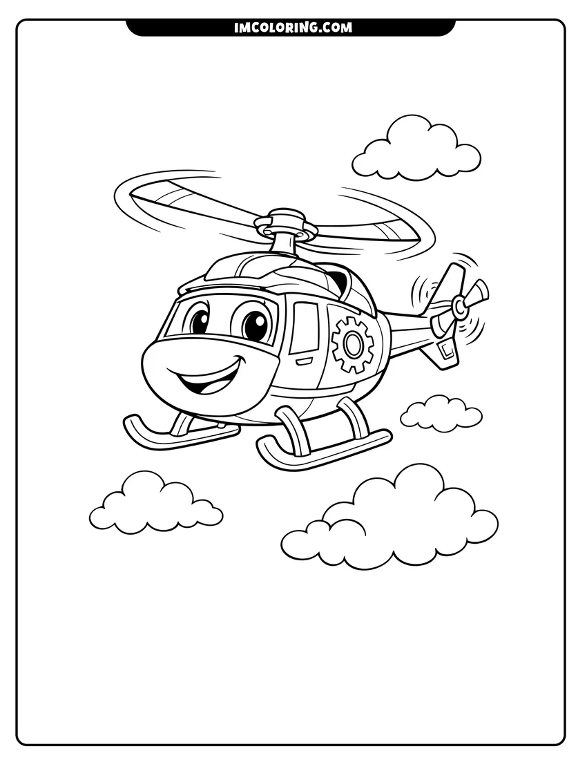 Printable outline of Swoops the helicopter flying in the clouds