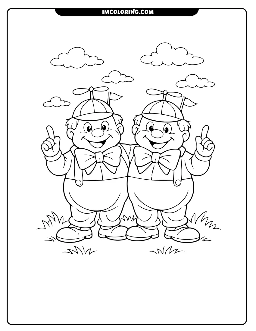 Cute Tweedledum and Tweedledee wearing propeller beanies outline for coloring
