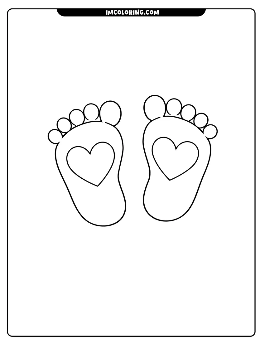 Baby footprints with heart shapes in the center drawing meant for coloring