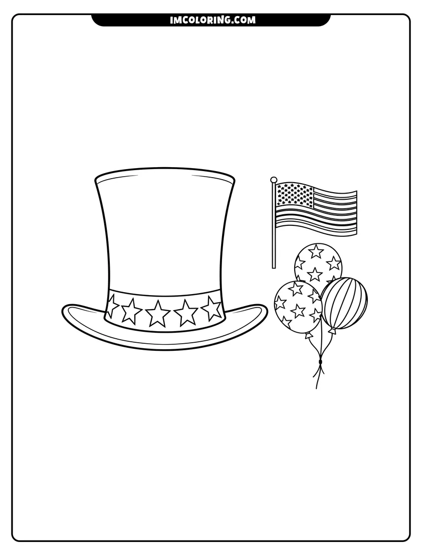 Free printable coloring sheet of Uncle Sam top hat with American flag and balloons