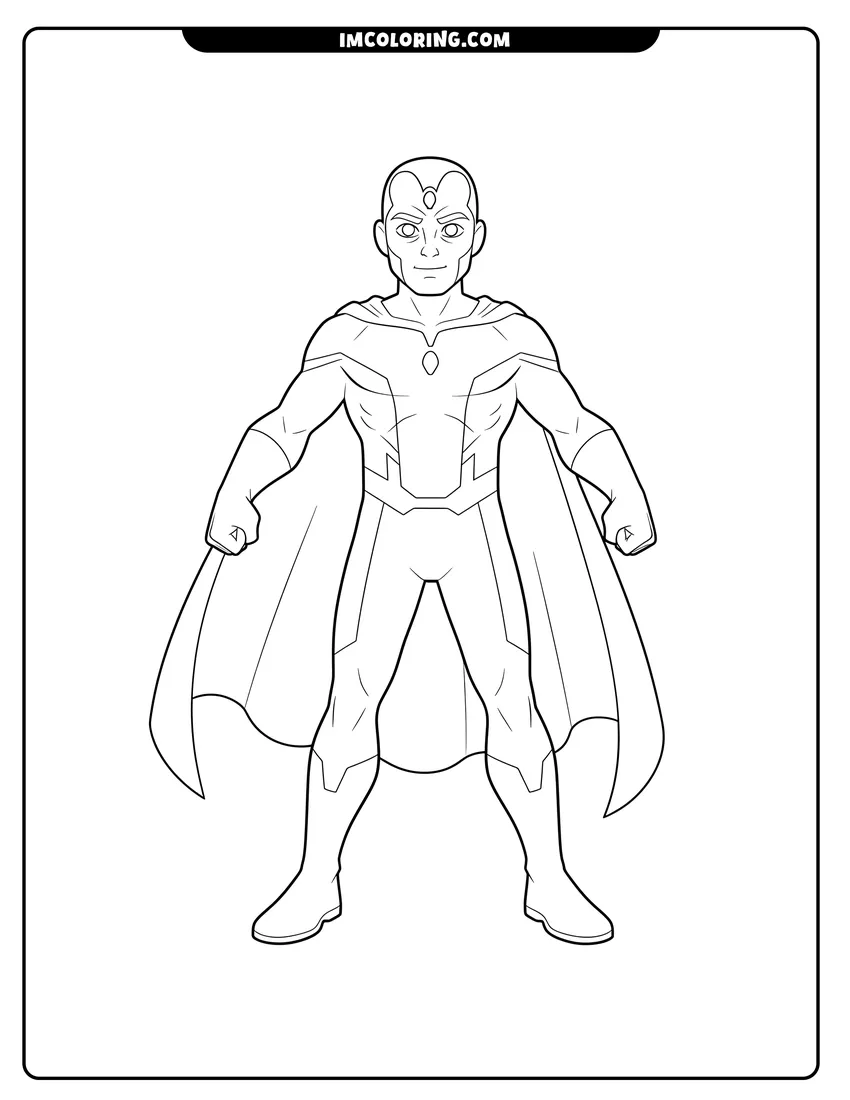 Coloring sheet of Vision standing in full-body pose with cape for kids