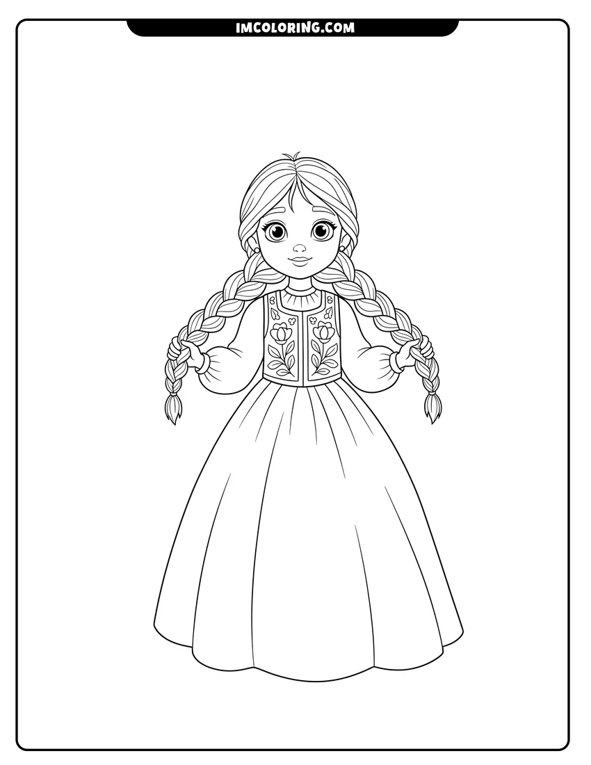 Simple line drawing of Young Anna holding her two long braids