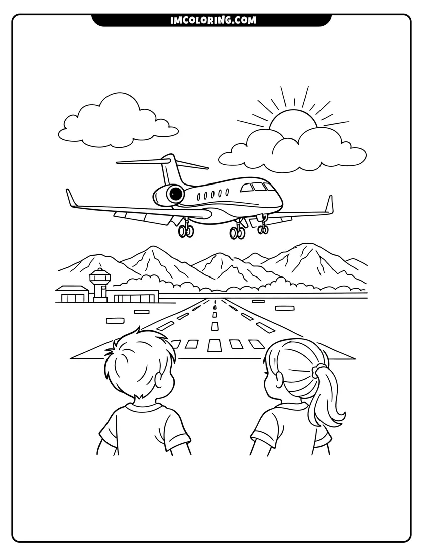 Detailed Private jet airplane descending over a runway with mountains design for coloring