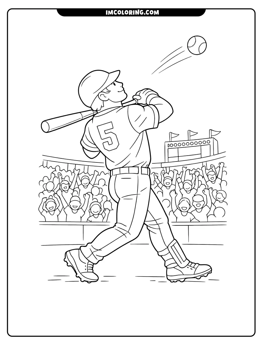 Black and white Professional baseball player number five hitting a ball coloring sheet