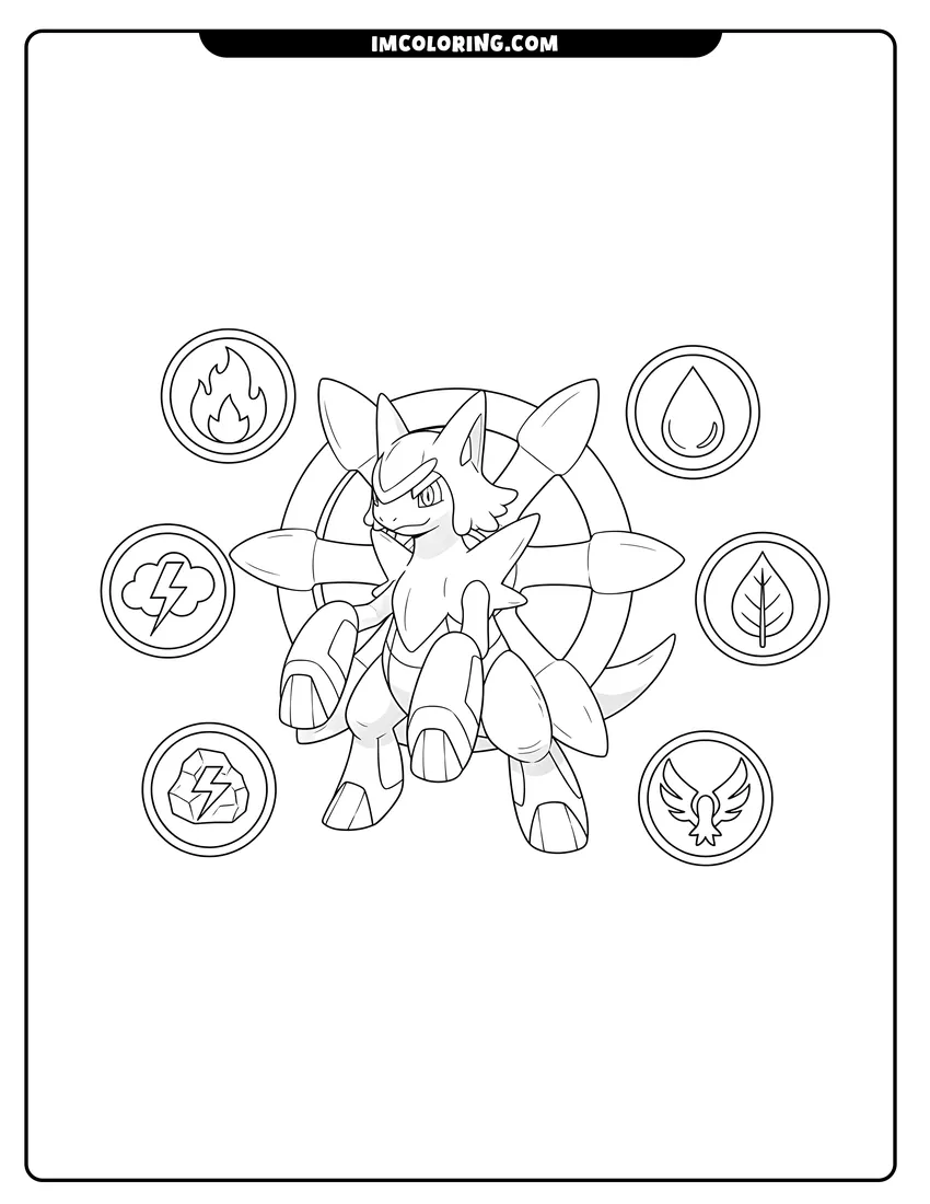 Kids activity sheet showing Arceus surrounded by circular elemental type emblems