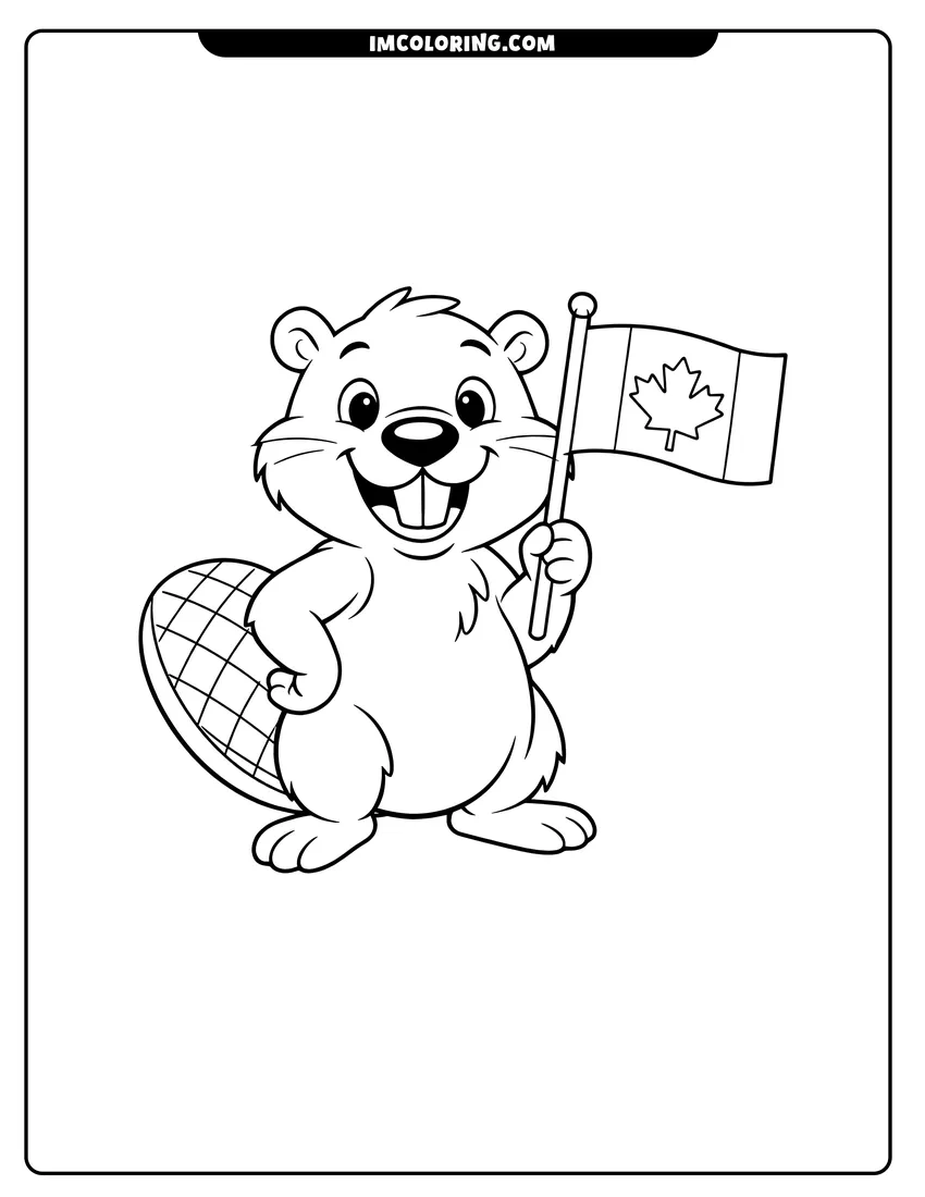 Printable Cartoon beaver holding a Canadian flag with maple leaf coloring activity