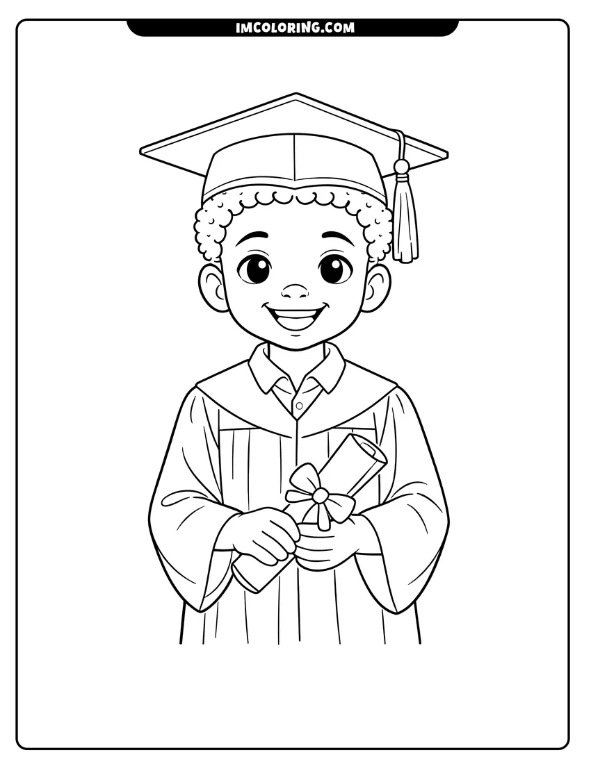 Scene showing Black boy wearing a graduation cap and gown to color