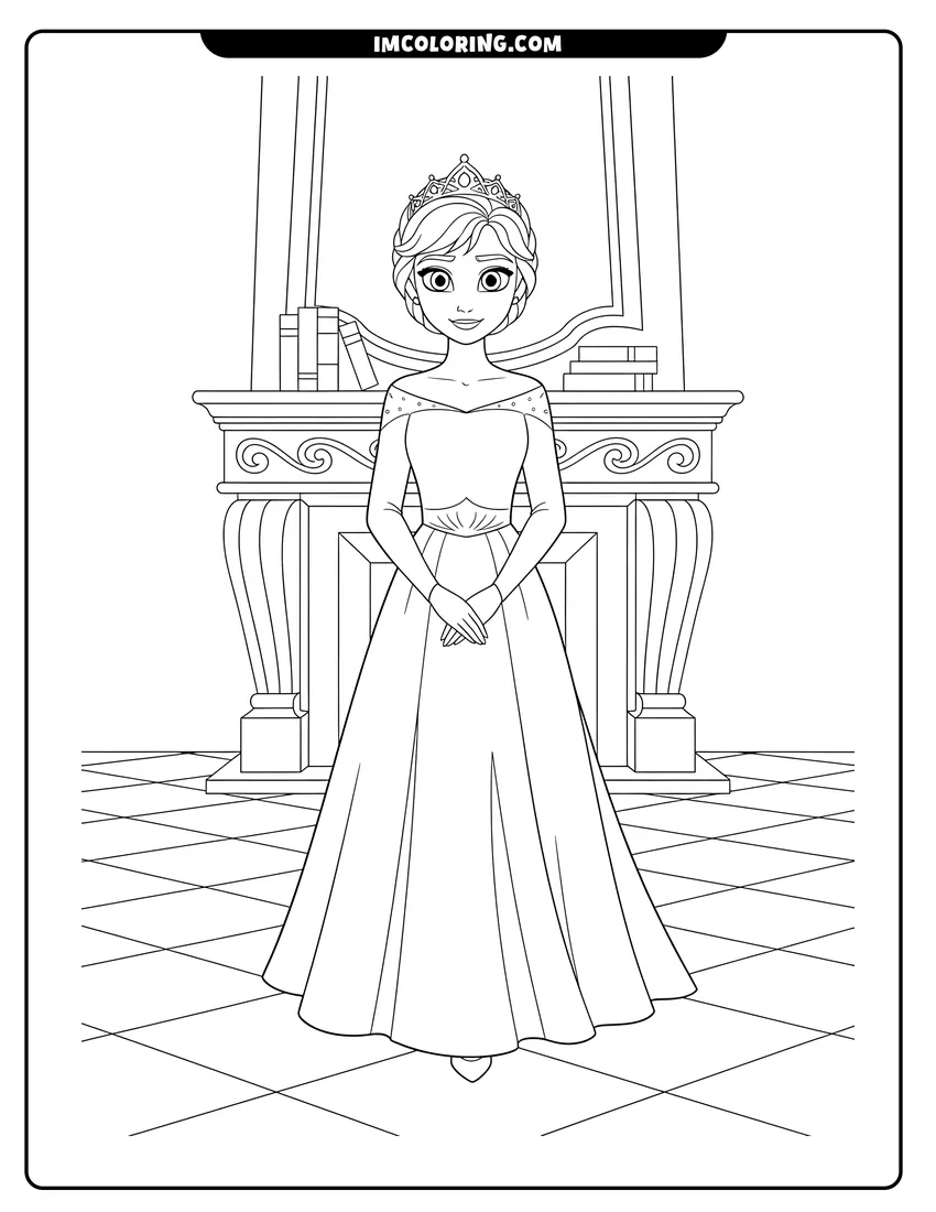 Coloring sheet of Queen Anna standing in front of an ornate fireplace for kids