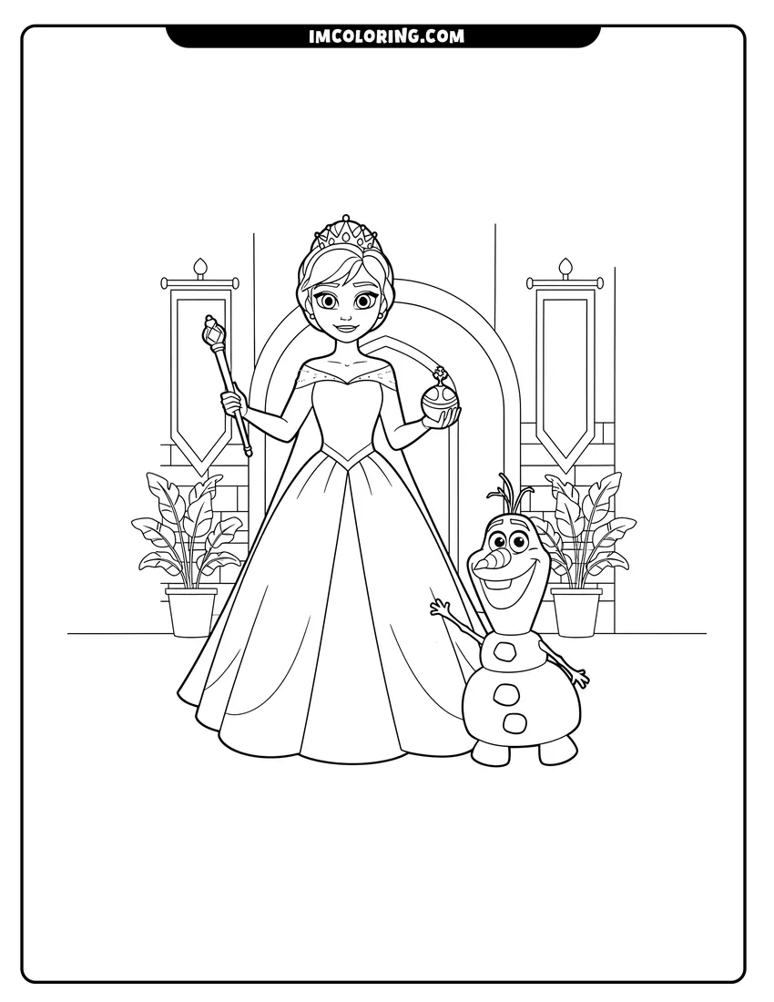 Printable outline of Queen Anna with coronation scepter and Olaf