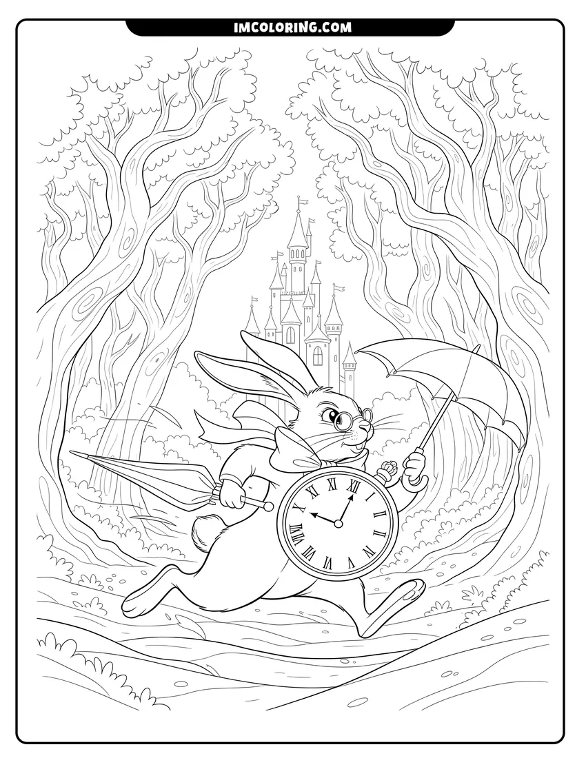 Full page coloring image of White rabbit with glasses running with a pocket watch