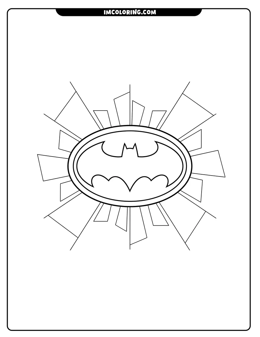 Cute Batman logo with radiating searchlight beams outline for coloring