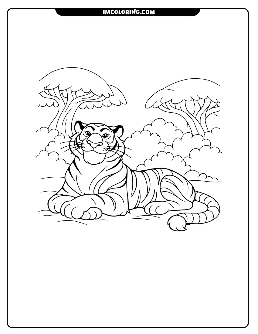 Outline of Rajah the tiger lying on the ground with trees on a white background