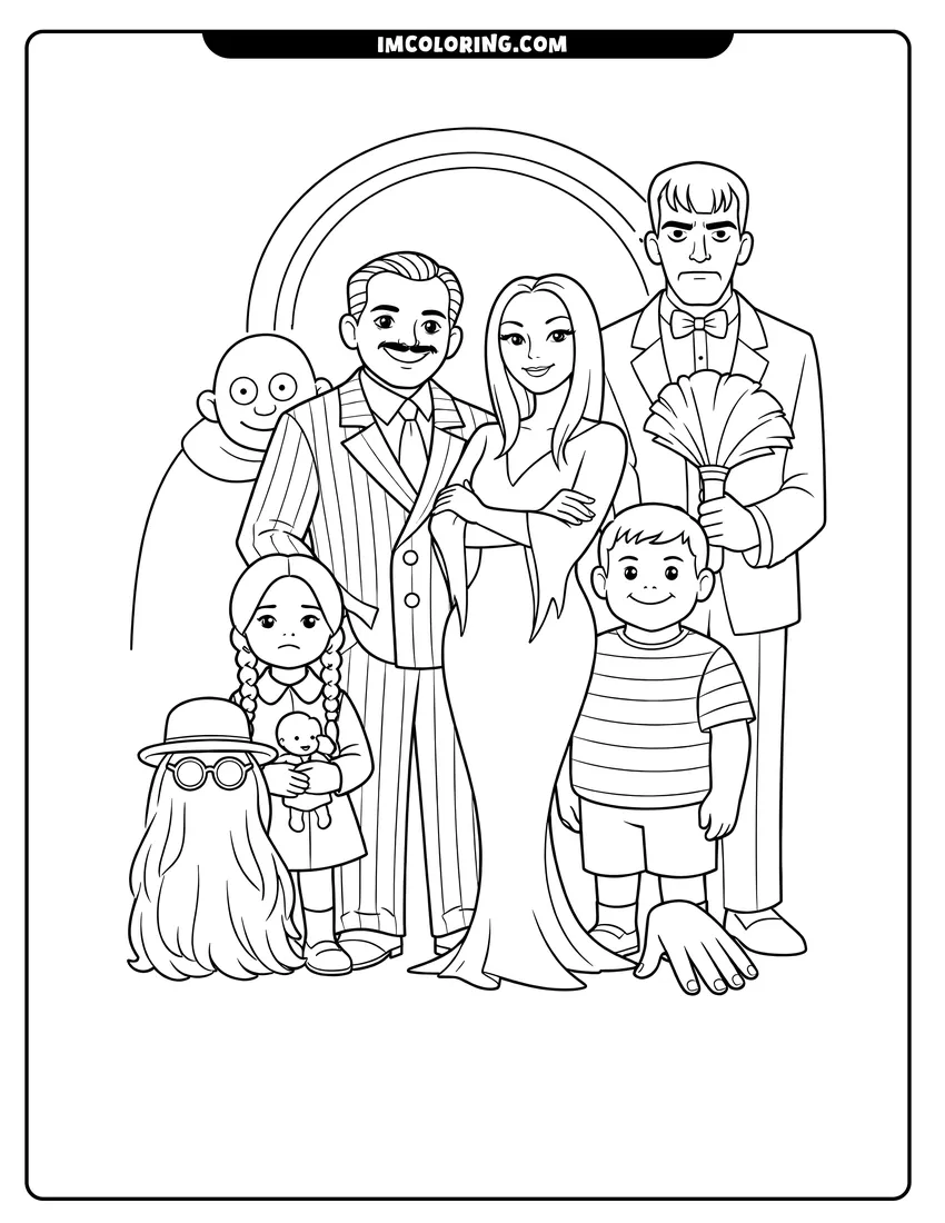 Printable coloring page featuring Realistic Addams Family group portrait with Lurch and duster