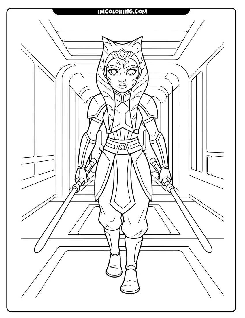 Simple sketch of Realistic Ahsoka Tano walking in a futuristic hallway for children