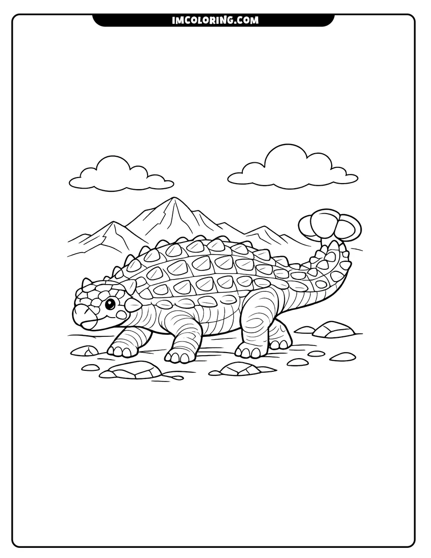 Realistic front view of an Ankylosaurus walking on rocks coloring page for preschoolers