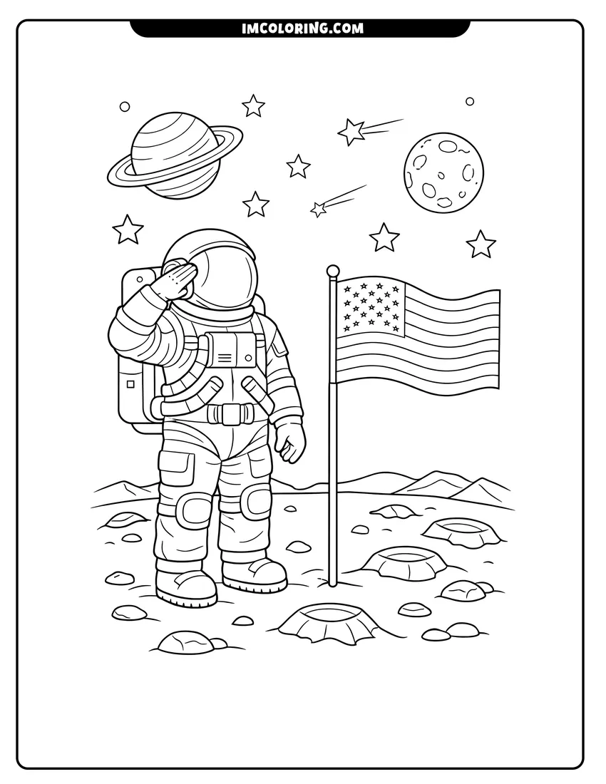 Simple line drawing of Realistic astronaut saluting the flag on the moon
