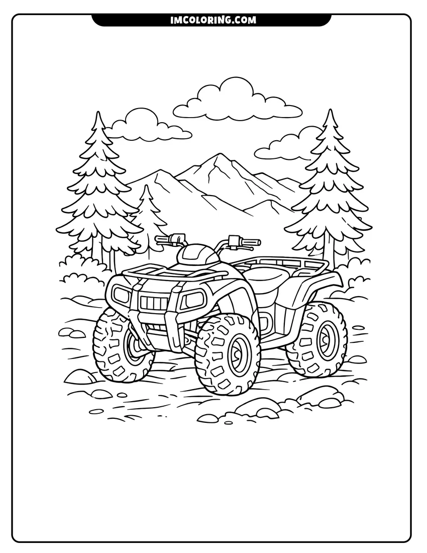 Printable outline of Realistic ATV parked on a forest path