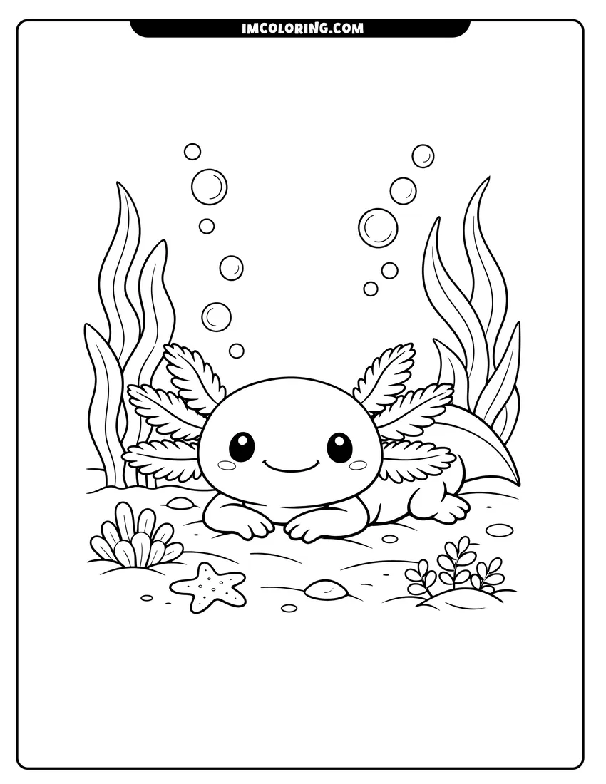 Easy-to-color Realistic axolotl resting on the sandy sea bottom illustration