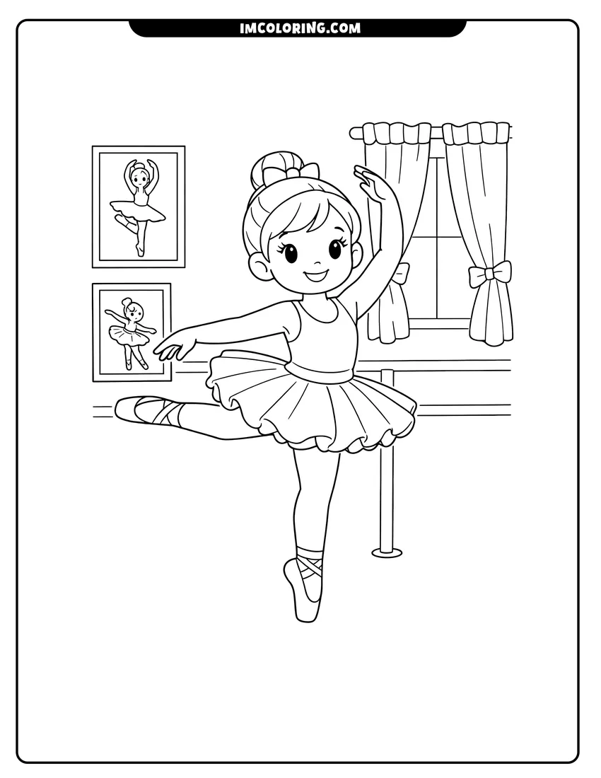 Scene showing Realistic ballerina posing in a decorated studio to color