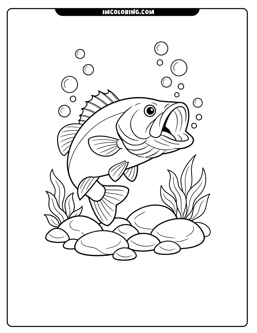 Black and white Detailed bass swimming over smooth river rocks coloring sheet