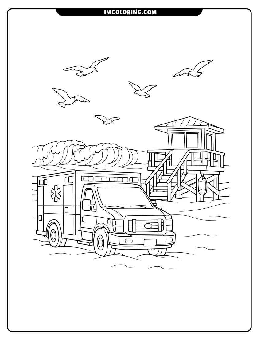 Detailed Realistic ambulance parked on a beach with ocean waves design for coloring
