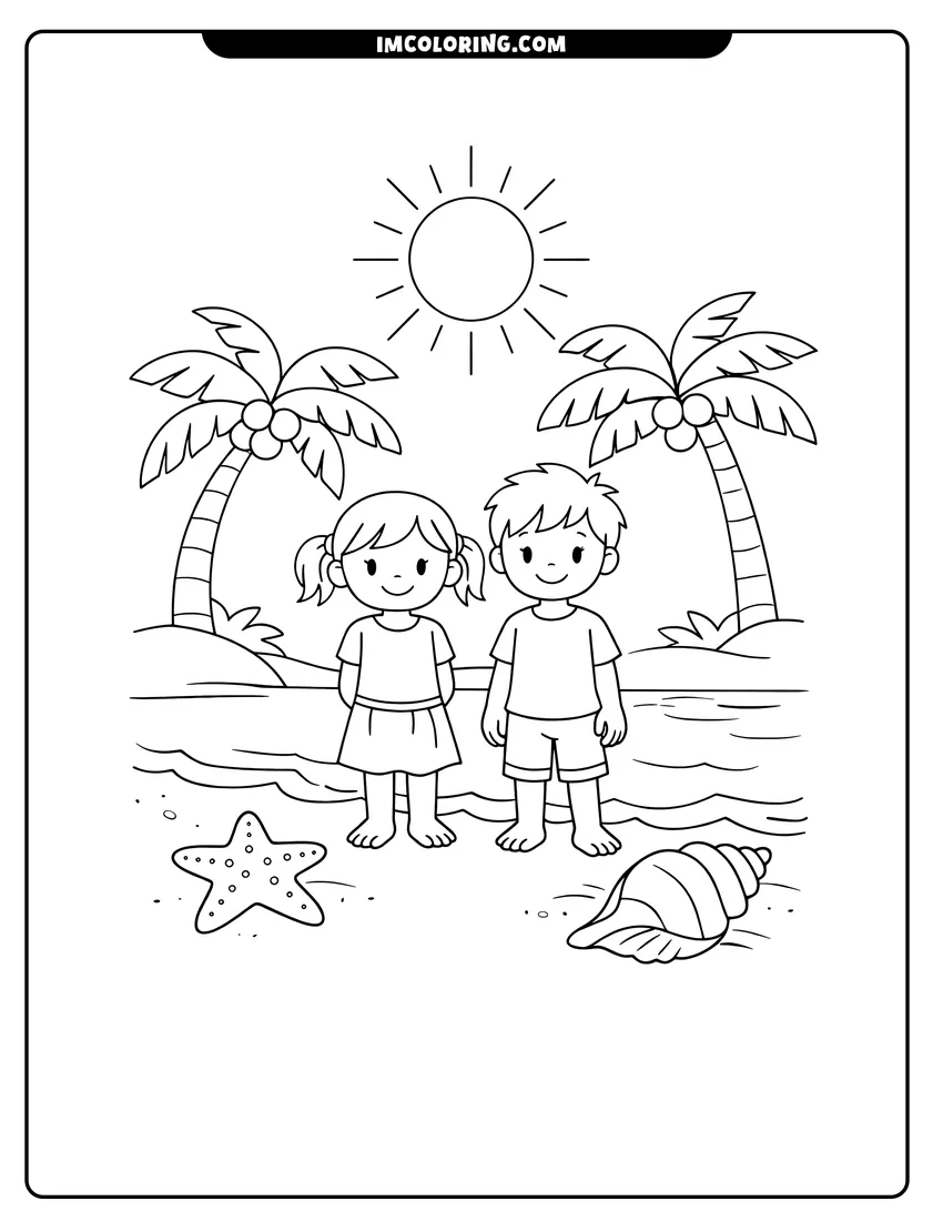 Easy-to-color Tropical shoreline with palm trees and a conch shell illustration