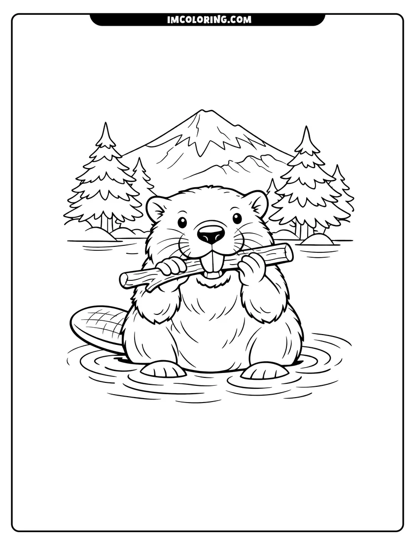 Simple sketch of Realistic beaver sitting in a river chewing wood for children