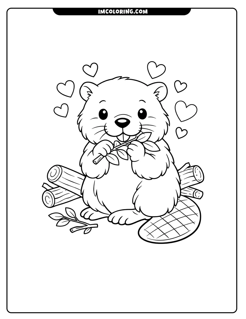 Scene showing Realistic beaver nibbling a branch with hearts to color