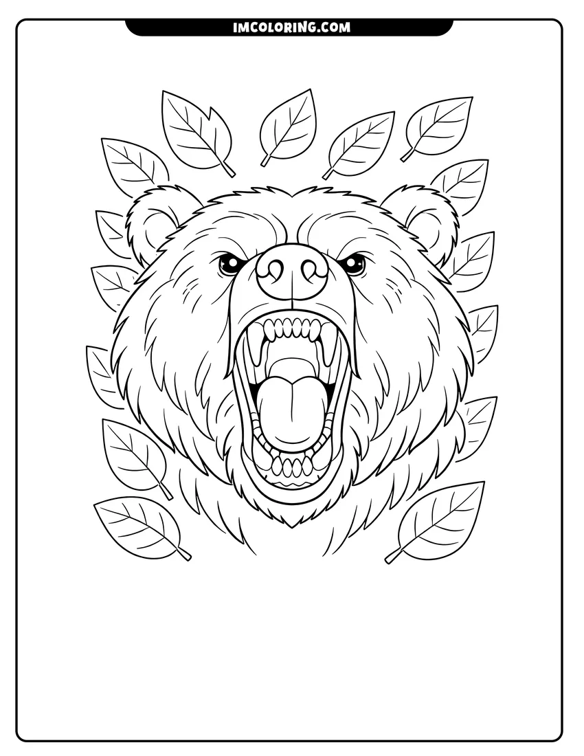 Kawaii style Realistic head of a roaring grizzly bear coloring picture