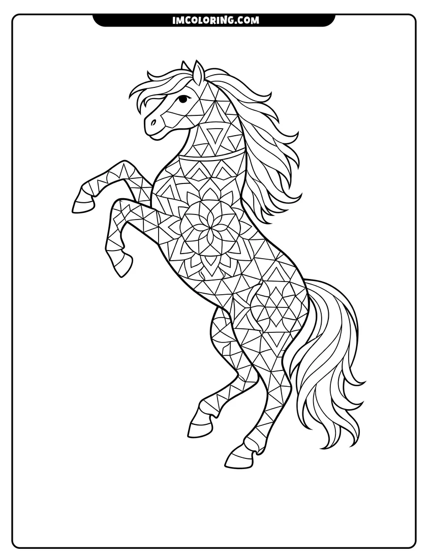 Printable coloring page featuring Rearing horse filled with simple geometric triangle mandala patterns