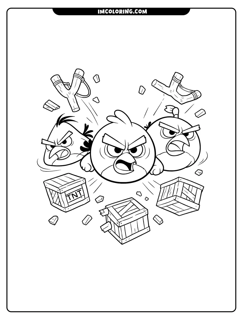 Red Chuck and Bomb flying past TNT and slingshots drawing meant for coloring