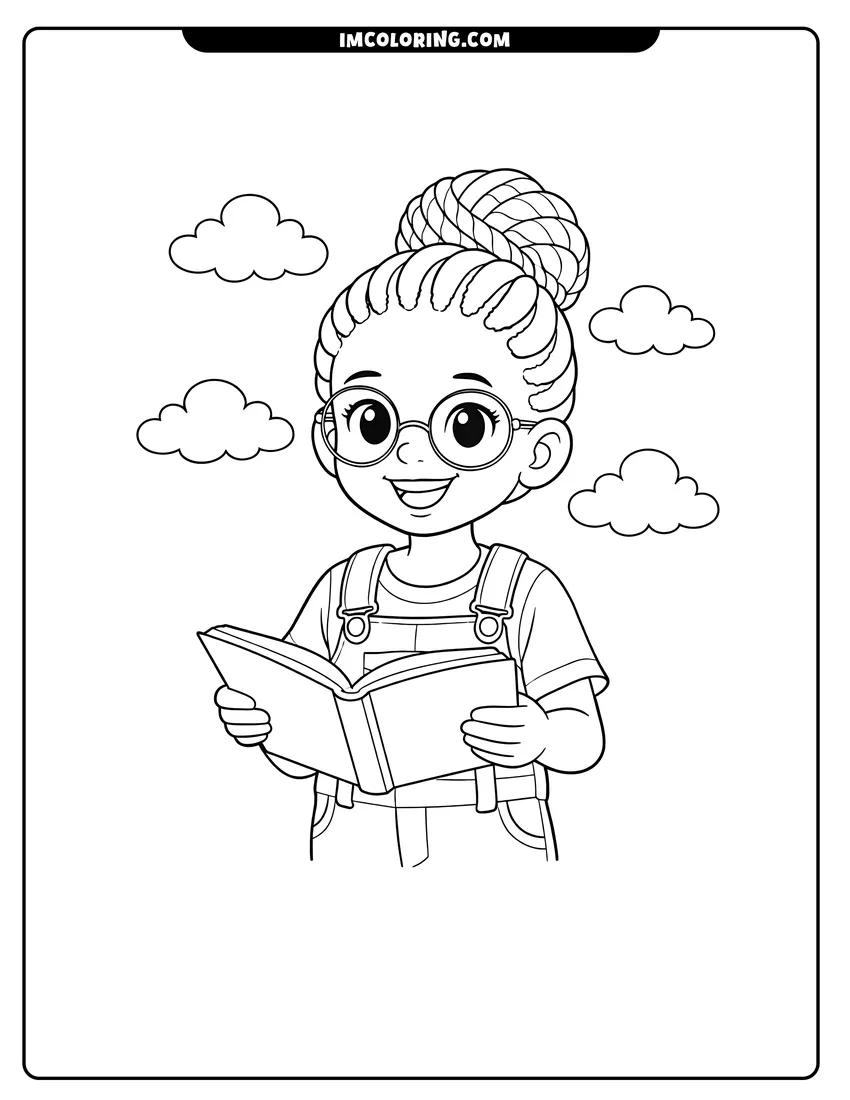 Coloring sheet of Black girl reading a book in the clouds for kids