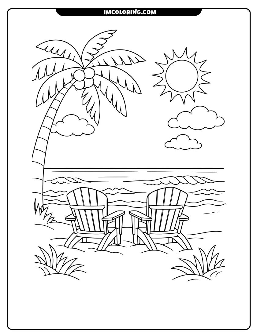 Simple sketch of Two Adirondack chairs on the sand under a palm tree for children