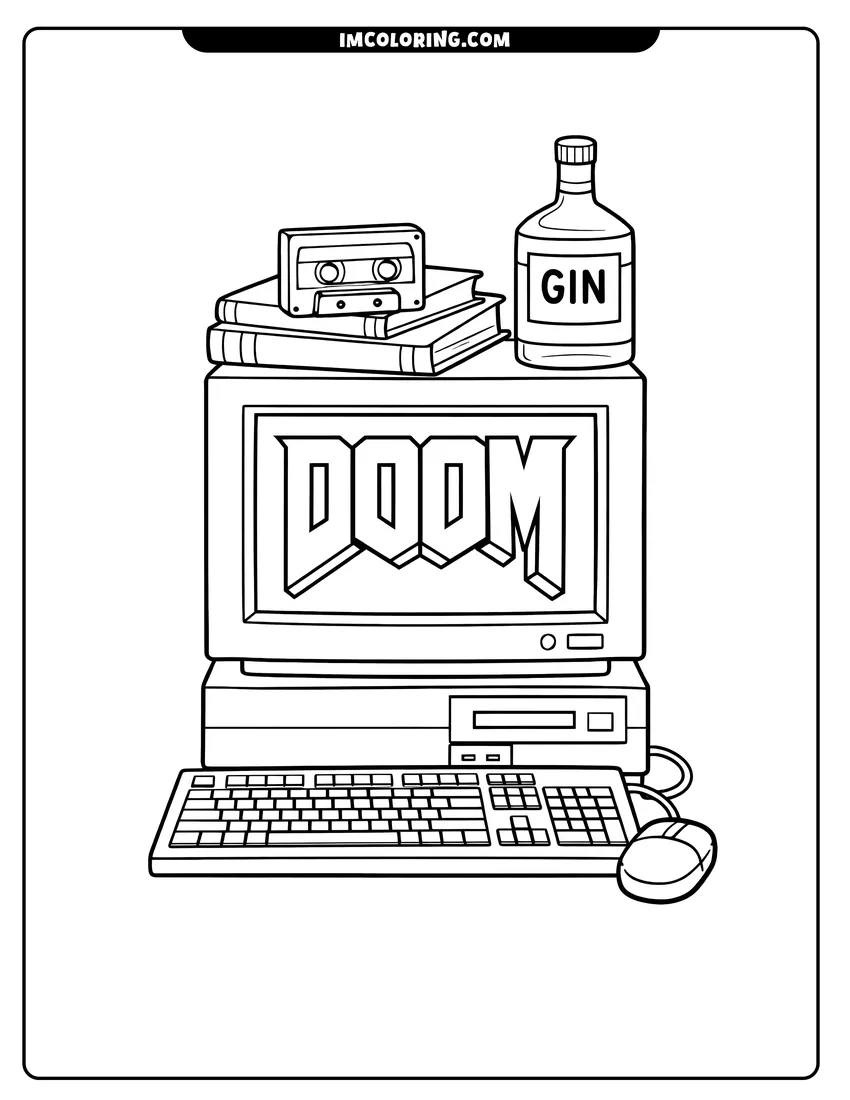 Line art depicting 80S computer with cassette tapes and books