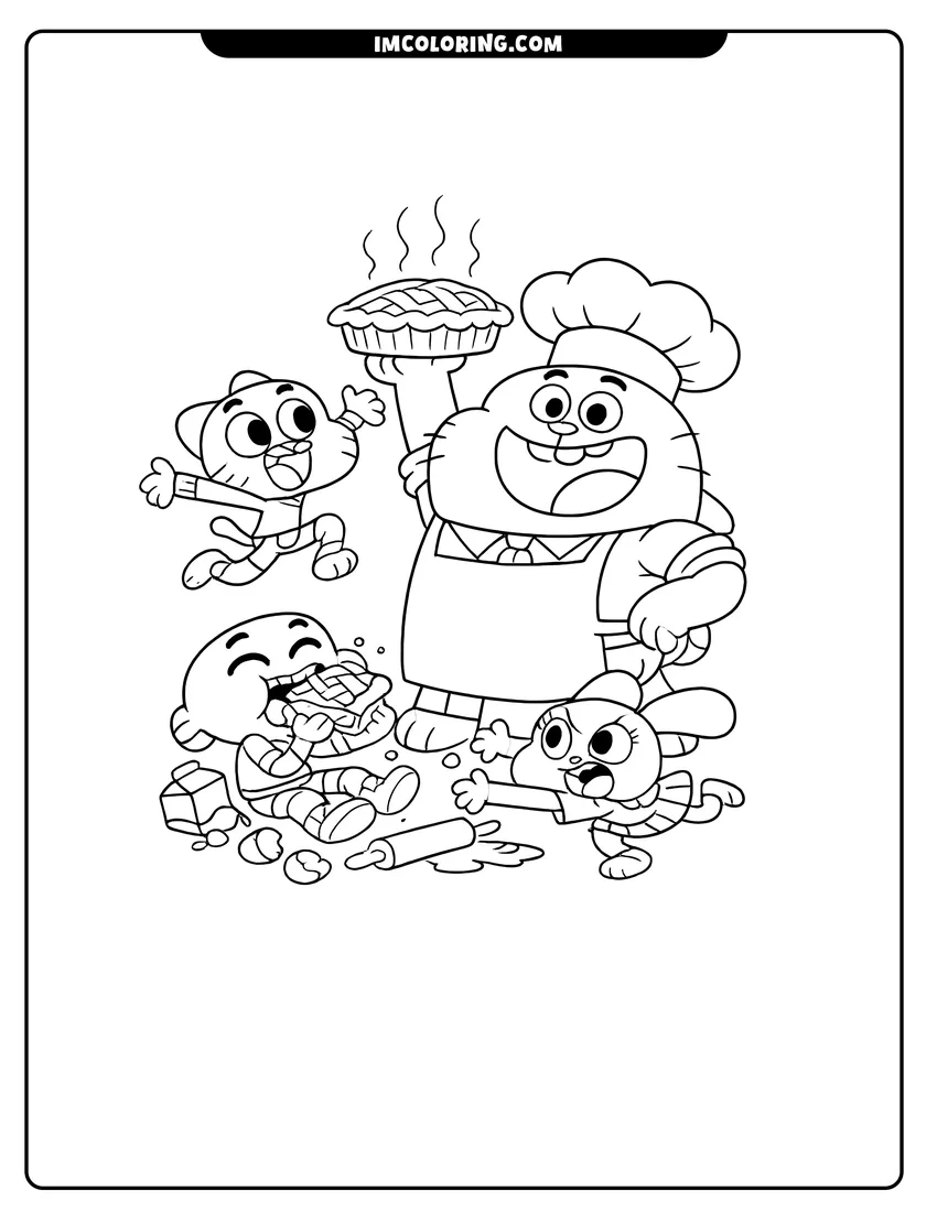 Coloring sheet of Richard Watterson holding a pie in a messy kitchen for kids