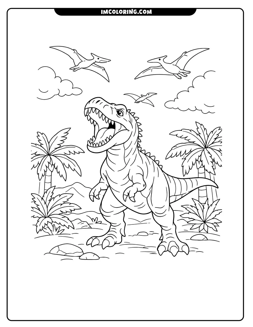 Easy-to-color Realistic Allosaurus roaring with flying pterosaurs illustration